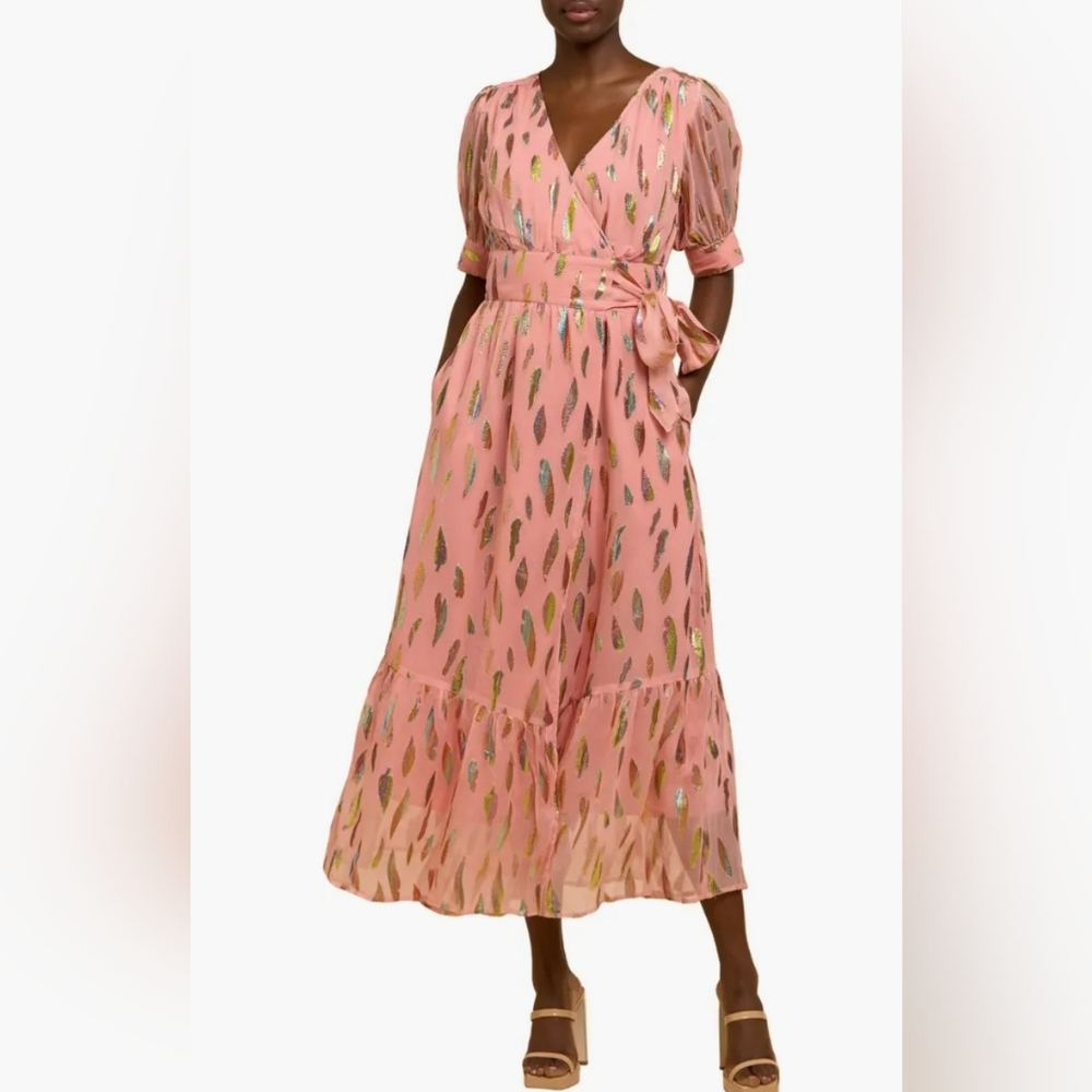 Elegant Pink Women's Wrap Dress with Metallic Details